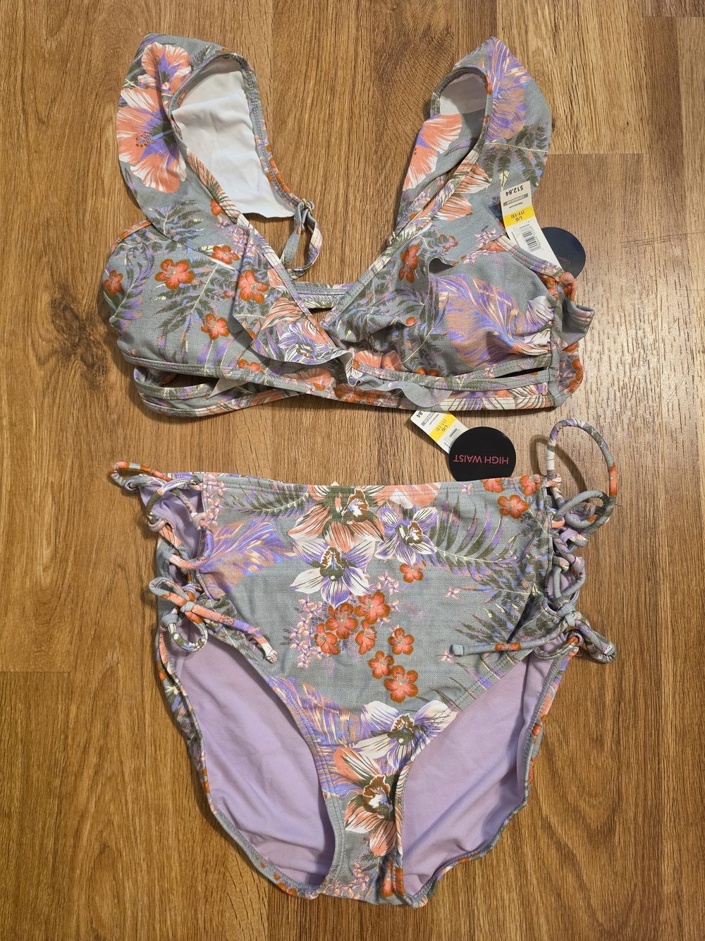 No Boundaries Floral High Waist Bikini Set in Gray, Lavender and Coral